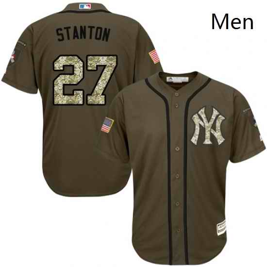 Mens Majestic New York Yankees 27 Giancarlo Stanton Replica Green Salute to Service MLB Jersey